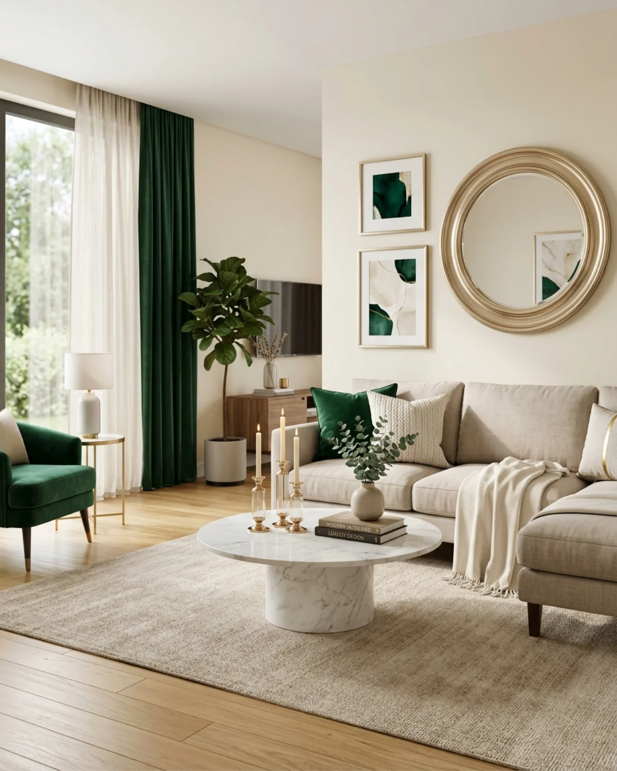Elegant living room decor with mirror and clock