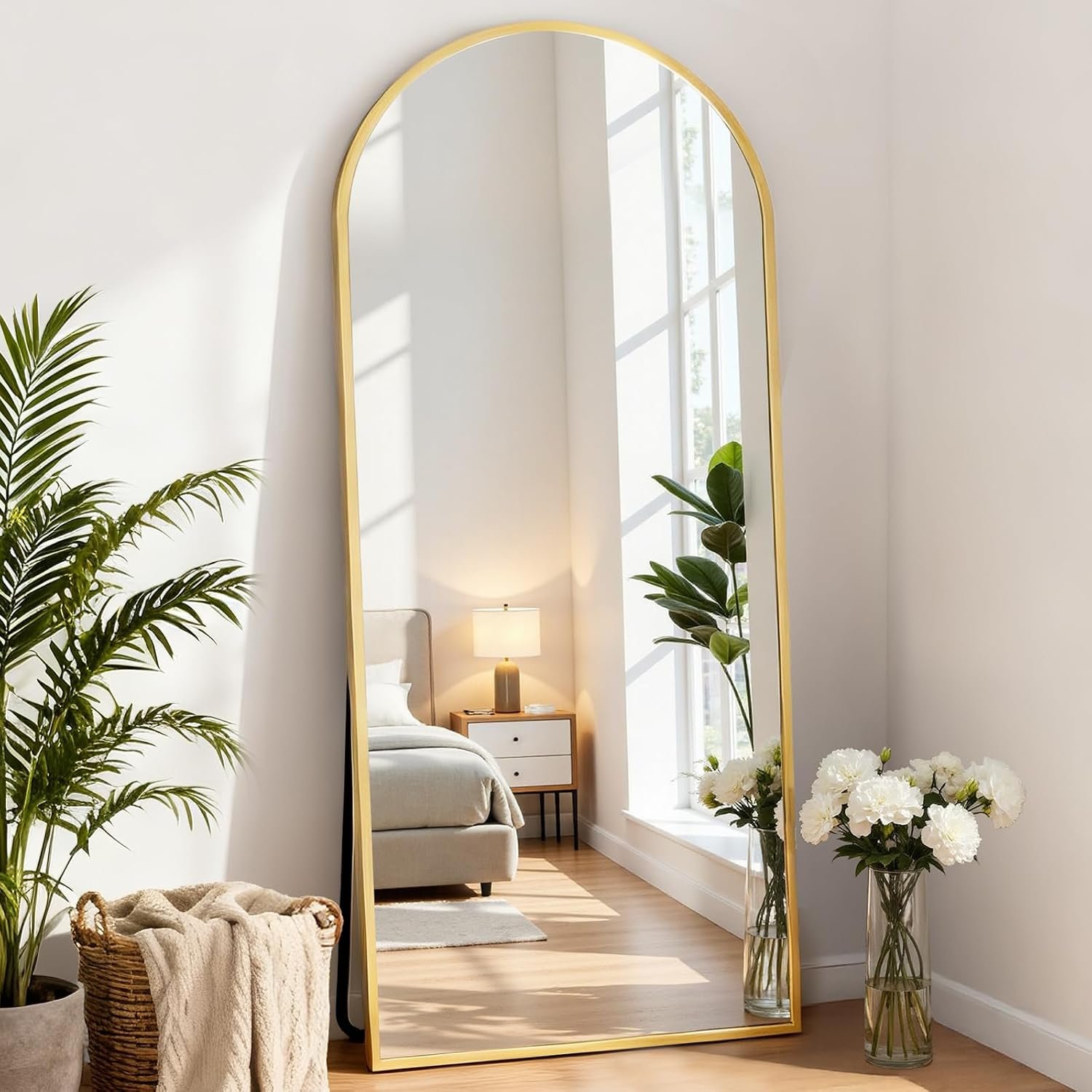 1 DUMOS 64"x21" Arched Full Length Floor Mirror, Full Body Mirror, Gold - Image 1