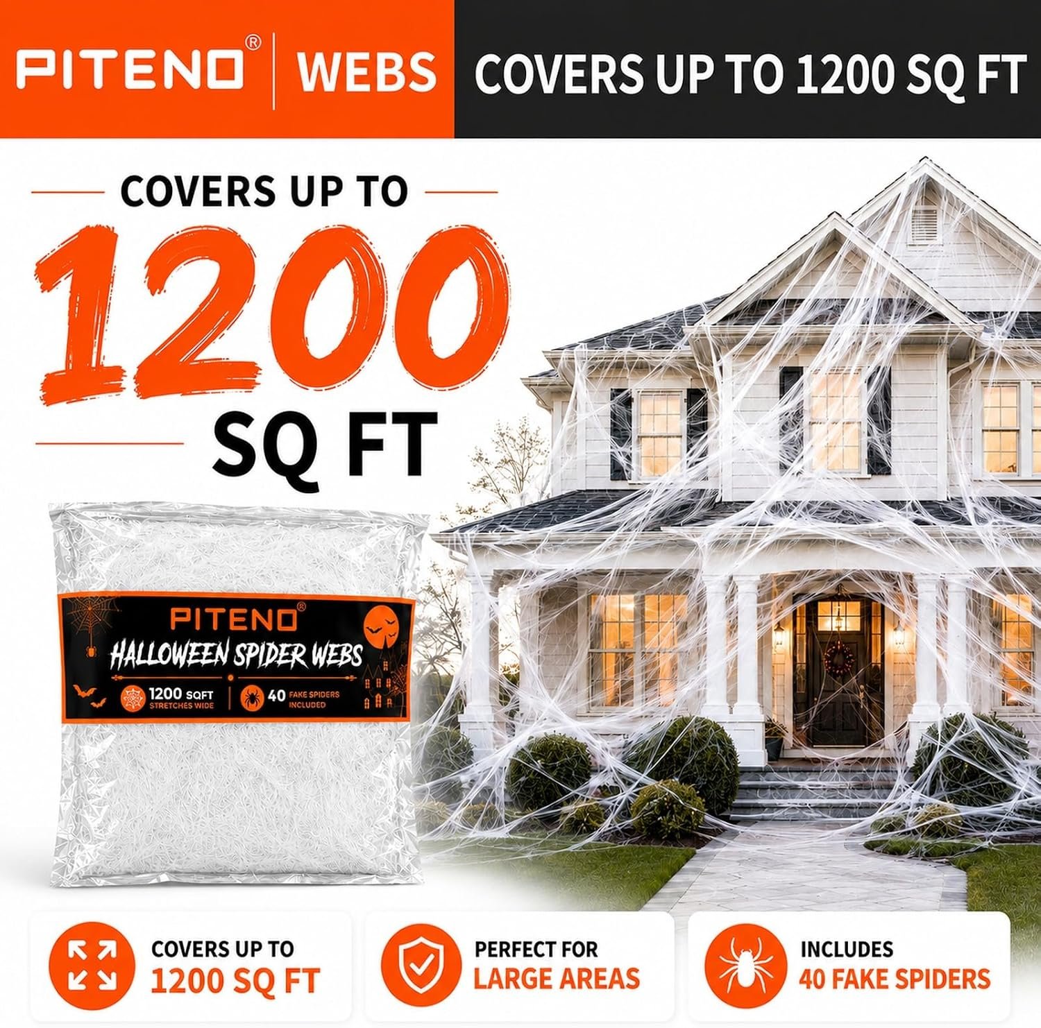 1 Halloween Spider Webs with 40 Fake Spiders – 1200 Sq Ft - Image 1